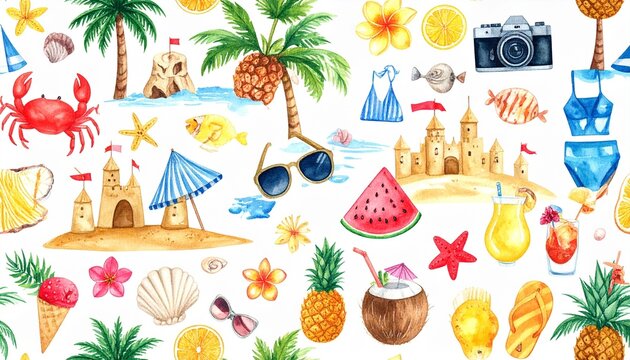 Colorful summer beach collage with tropical fruits, sandcastles, and palm trees