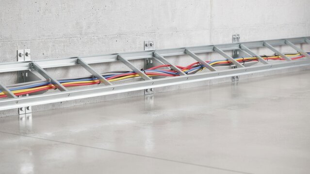 Cable tray system carries various colorful wires across the clean concrete floor of a modern industrial facility.