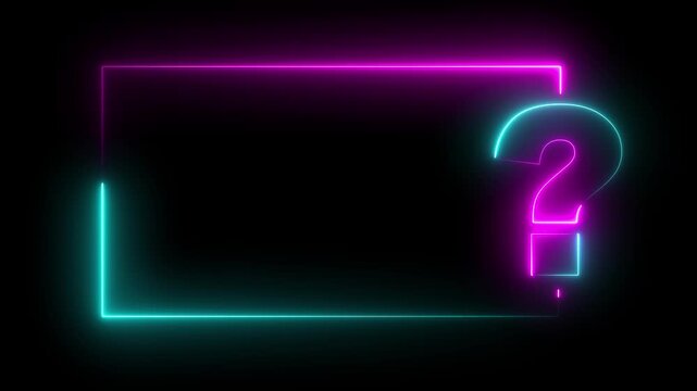 Neon line Question mark icon with rectangle frame animation isolated on black background. glowing square frame with question mark icon. Quiz game competition. Glowing large advertisement in concept 