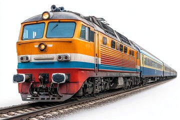Fototapeta premium Orange blue passenger train moving forward on railway tracks isolated on white background transportation travel journey speed industry cargo logistics