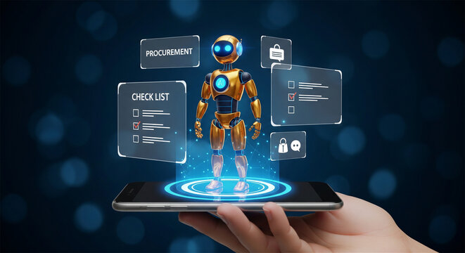 Futuristic AI robot hologram on smartphone, artificial intelligence procurement assistant, digital checklist and automation interface