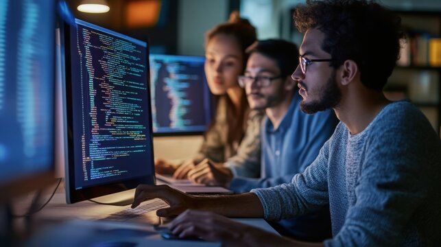 Software developers collaborate on complex code while working late at night in a modern office environment.