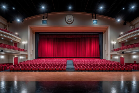 Grand theater hall with red curtain rows of seats elegant lighting classical architectural design spacious performance venue interior view