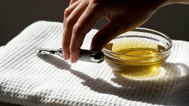 Minimalist High-Detail Shot Of A Sterile Dermaplaning Tool Resting On A Clean Towel Beside A Bowl Of Oil For Skincare Treatments