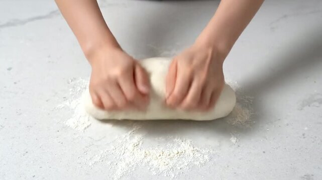 Minimalist Shot Of Hands Kneading Pure White Dough On Light Granite Surface In A Culinary Setting