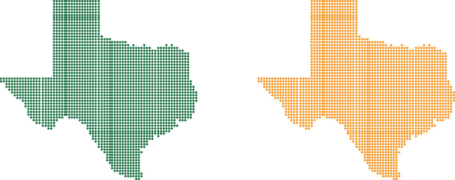 Green and orange dotted maps of texas state in a simple digital graphic style