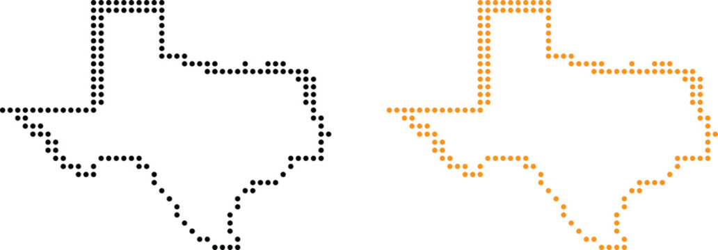 Texas state map outline made of black and orange dotted pixel shapes