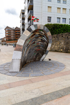 Modern sculpture with Basque flag in Zarautz coastal town. Zarautz, Gipuzkoa, 2026-05-17