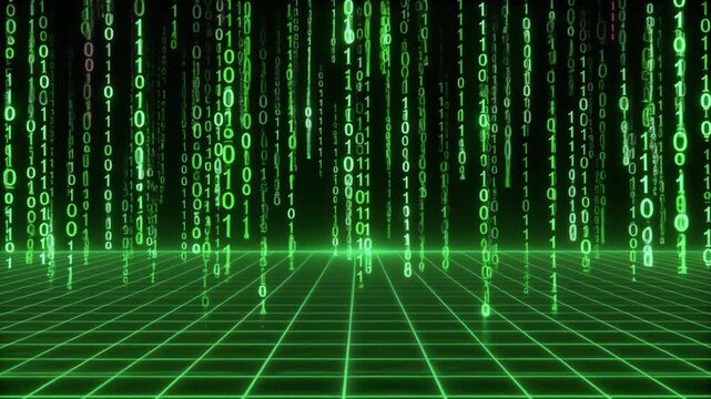 Digital numbers animation cascades green binary code matrix lines. Electronic digital numbers animation illuminates glowing room floors. Cyber digital numbers animation paths server matrix data.
