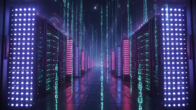 Data center technology animation paths futuristic server rooms. High tech data center technology animation cascades binary codes. Modern data center technology animation loops cloud rooms.