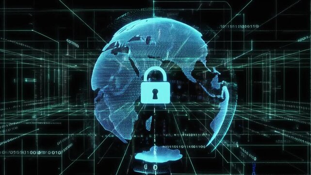 Image photo animation wires cybersecurity padlock icons. Network image photo animation circles digital Earth globe grids. Technical image photo animation logs internet encryption.