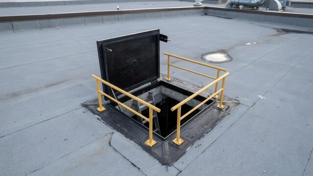 Open access hatch on a flat building roof is surrounded by yellow safety railings and leads into the dark interior.