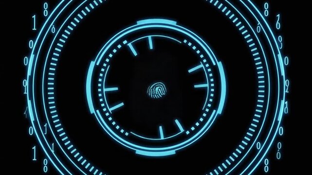Biometric identification animation processes blue fingerprint scans. Tech biometric identification animation layers binary codes. Secure biometric identification animation verifies access.
