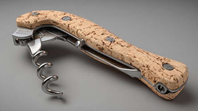 Waiter's corkscrew with natural cork handle on grey.