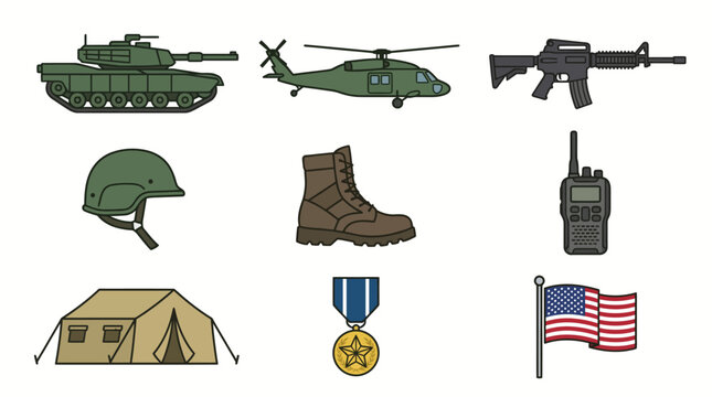 Military Equipment and Symbols Collection Illustration.