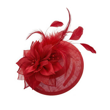 Elegant red fascinator hat with flower and feathers isolated on transparent background