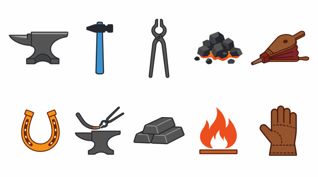 Collection of blacksmith and industrial tools icons.