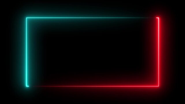 Square rectangle picture frame with two tone neon color motion graphic on isolated black background, ordar frame display box round shape retro screen photo frame, rectangle icon animation. 4k videos 