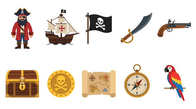 Colorful Pirate Themed Icons and Symbols Collection.