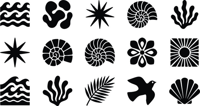 Beach and ocean icon set with waves, shells, coral, sunburst, palm leaf, and seabird silhouettes for summer vacation, coastal decor, marine logo, textile, and printable design.