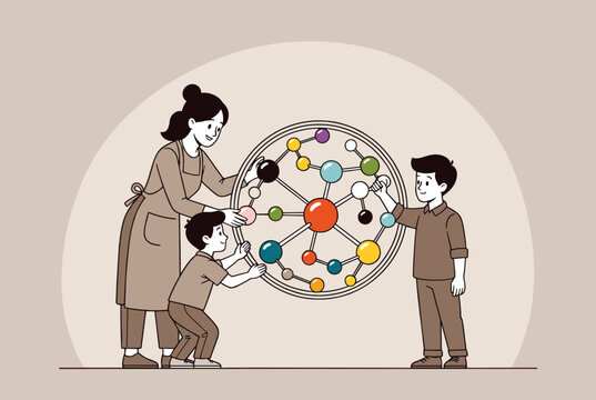 Caring mother helping her two young sons study chemistry using a colorful circular molecular model in a warm line art style.