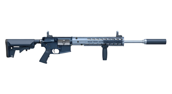 A tactical rifle with a dark grey finish and a long barrel suppressor isolated on a white background, for security and, military equipment themes isolated on a transparent background