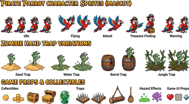 Pirate parrot game character spritesheet with zombie hand trap variations and fantasy RPG game props icons asset set