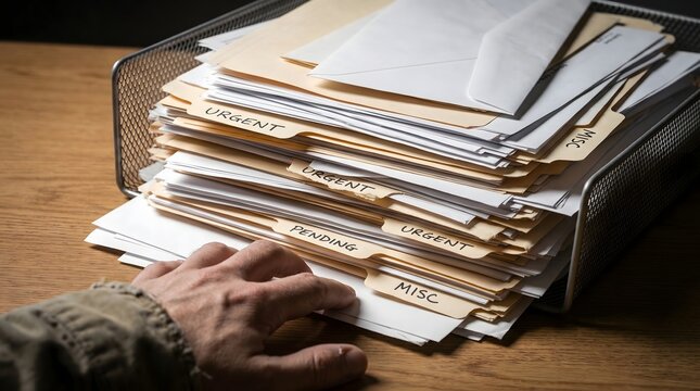 Hand reaching for file folders labeled urgent pending and misc in a metal desk tray