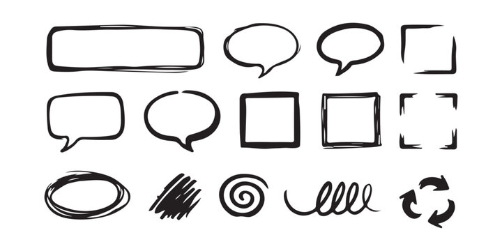Set of hand drawn sketch frames speech bubbles and doodle elements