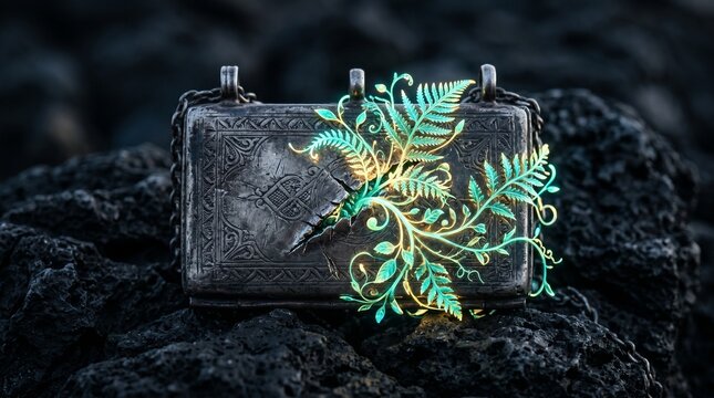 An ancient dark silver Omani Hirz amulet with a deep scratch growing a glowing golden fern, symbolizing healing trauma and the Axe and Tree proverb.