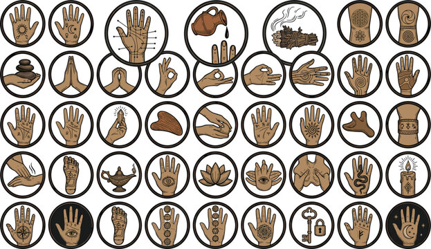 Esoteric Mystic and Holistic Wellness Badge Icon Set Featuring Palmistry Mudras Acupuncture Gua Sha Runes and Witchcraft Symbols for Spiritual Branding (21 words)
