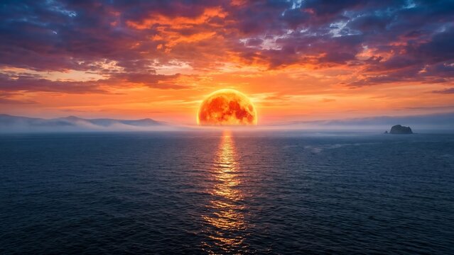 Giant Blood Moon Rising Over the Ocean with Dramatic Clouds and Mist
