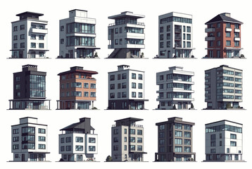 Fototapeta premium Architectural grid displaying fifteen unique modern apartment building designs and contemporary multi-story condominiums.