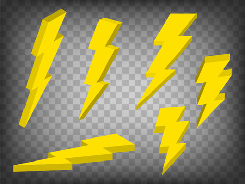 Set of perspective projections 3d Thunderbolt Symbol on transparent background. Blank Yellow Thunderbolt Symbol 3d icon illustration with different views and angles. Concept of graphic elements for yo