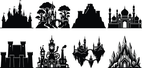 Obraz premium Collection of fantasy castle silhouettes with diverse imaginative architectural styles