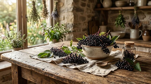 Fresh black lace elderberry harvest in a rustic ceramic bowl placed on a worn wooden table in a sunlit country kitchen for seasonal culinary projects