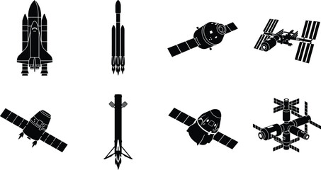 Space Exploration Vehicle and Satellite Silhouette Icons Collection for Aerospace Projects © Alea