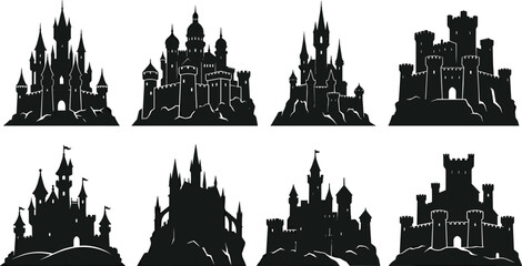 Collection of medieval and fantasy castle silhouettes with towers, turrets, and rocky bases © Anonto