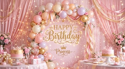 Fototapeta premium Pink and gold birthday party decoration backdrop with balloons and elegant curtain for princess themed celebration photography and event styling