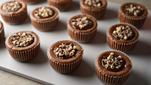 Chocolate mini cheesecakes with chocolate filling and chocolate sauce and marble chocolate curls on white tray. Dessert food photography. Bakery, pastry and sweet dessert concept. Selective focus.