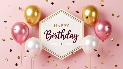 Fototapeta premium Festive happy birthday card design with shiny gold and pink balloons on a soft pink background with falling confetti for cheerful celebration greeting cards