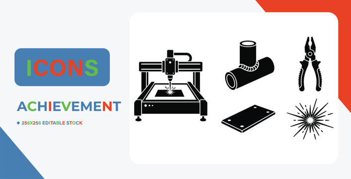 Editable icons set of industrial tools and machinery on white background