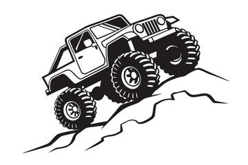 Powerful Off-Road Monster Truck Climbing Over Large Rocks Vector Illustration © Sonda
