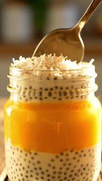 Cinematic View Of Glass Jar Close Up Of Chia Seed Pudding Layered With Mango Puree Coconut Flakes And Creamy Texture In Bright Morning Sunlight Healthy Sweet Breakfast Commercial