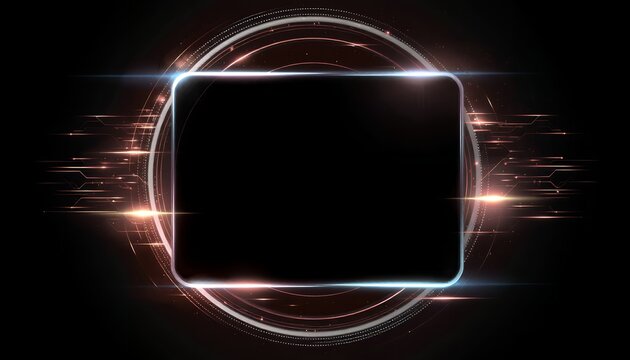 A computer-generated image featuring a glowing rectangular frame surrounded by a circle with vibrant light effects on a dark background