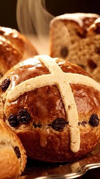 Premium Shot Of Glossy Glazed Hot Cross Bun In Closeup With White Cross Detail Raisins Inside And Steam Rising Ready To Serve