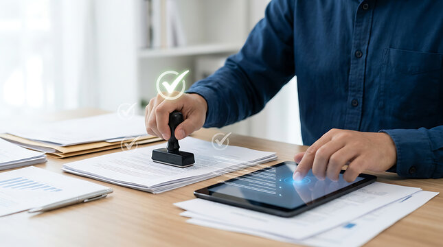 Corporate professional applying official stamp on essential paperwork for quick approval