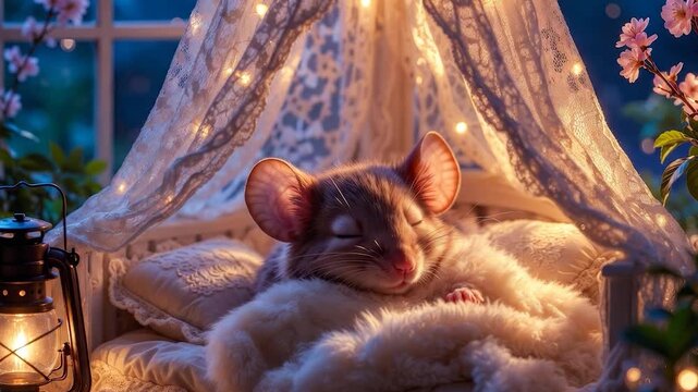 A sleeping mouse in a miniature crib with a lace canopy. Garlands, cherry blossoms, an antique lantern. Fabulous night atmosphere, comfort, and magic.