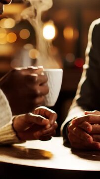 Cinematic View Of Hands Holding A Coffee Mug Warmly During A Cozy Indoor Conversation Intimate Beverage Sharing