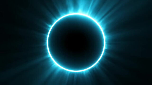 A glowing blue ring surrounds a dark void, emitting rays of light against a dark background.